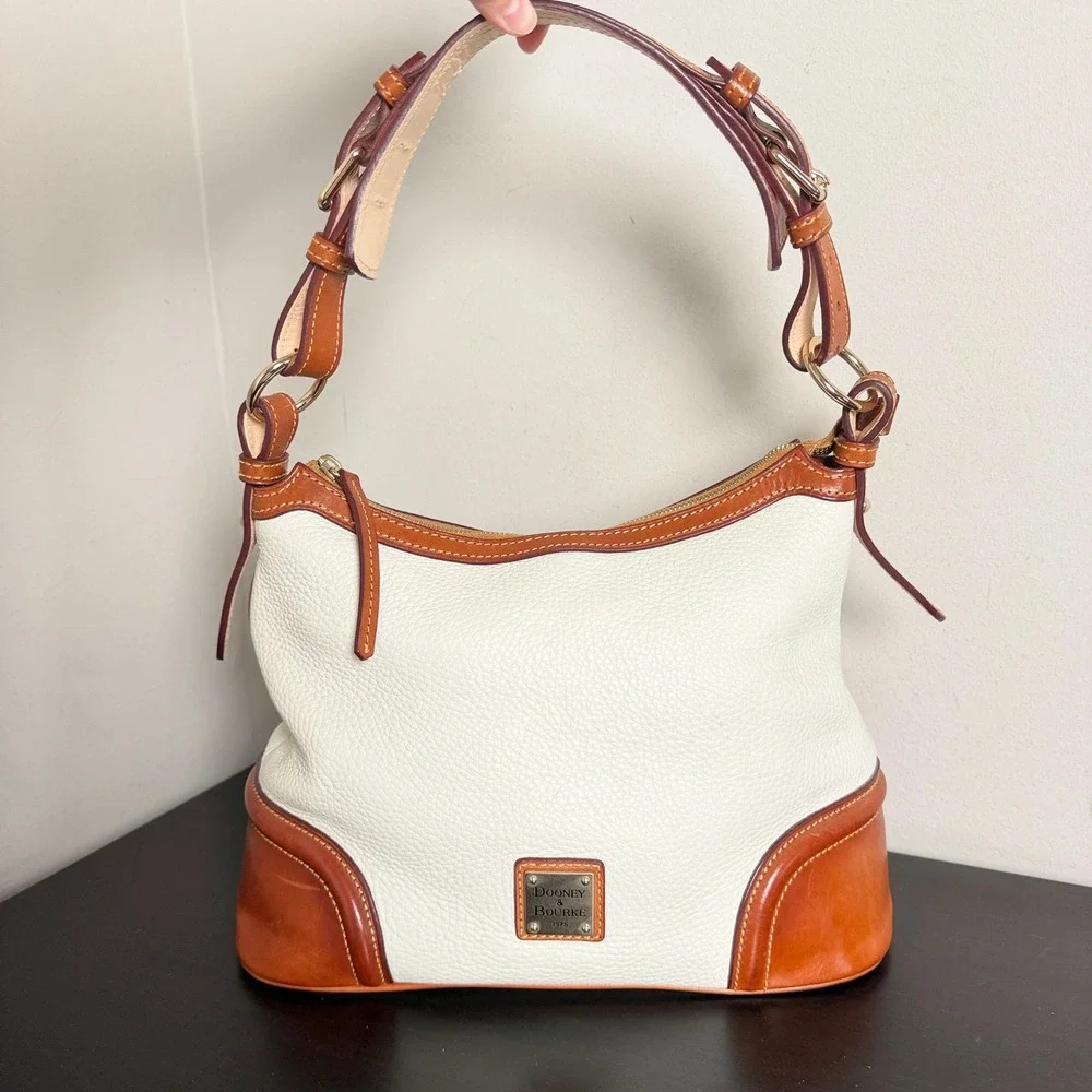 Dooney & Bourke Cream Ivory White Pebble Grain Leather Hobo Bag Brown Trim